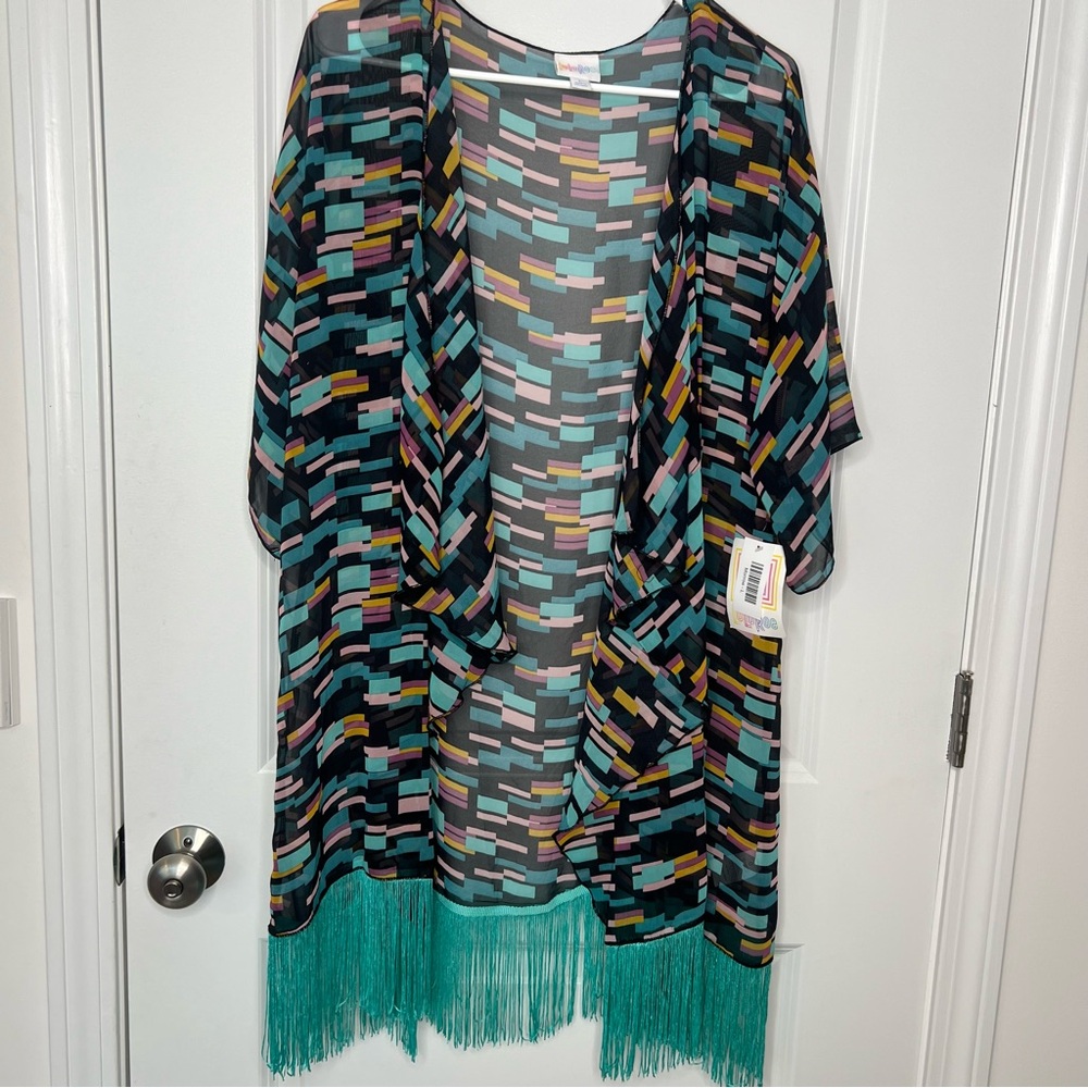 LuLaRoe Multicolor Geometric Kimono Size Large Women’s NWT Tassels - Picture 3 of 9